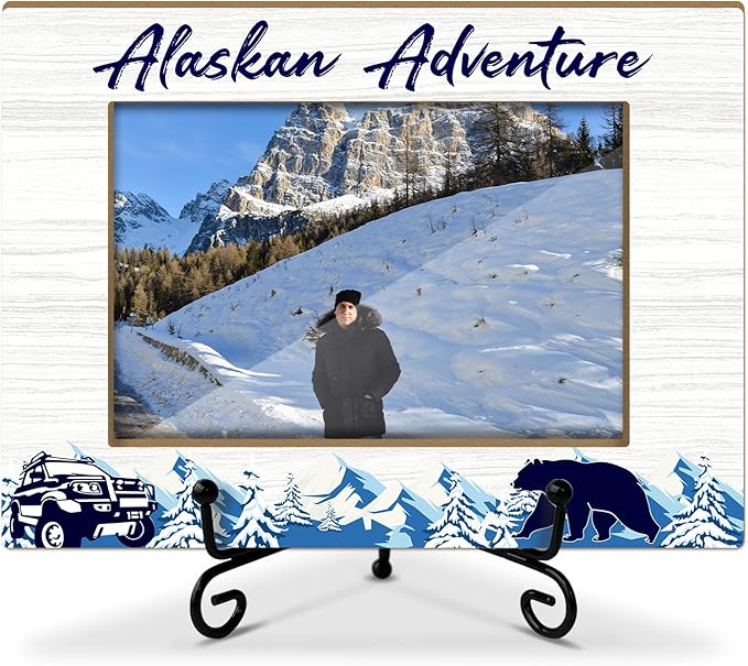 Lesixur Alaska Adventure Photo Frame with Iron Stand, Alaska Vacation Friendship Gifts for Friends Family Couples, 4x6 Wooden Picture Frame for Tabletop Desktop Display, Home Table Decor -048