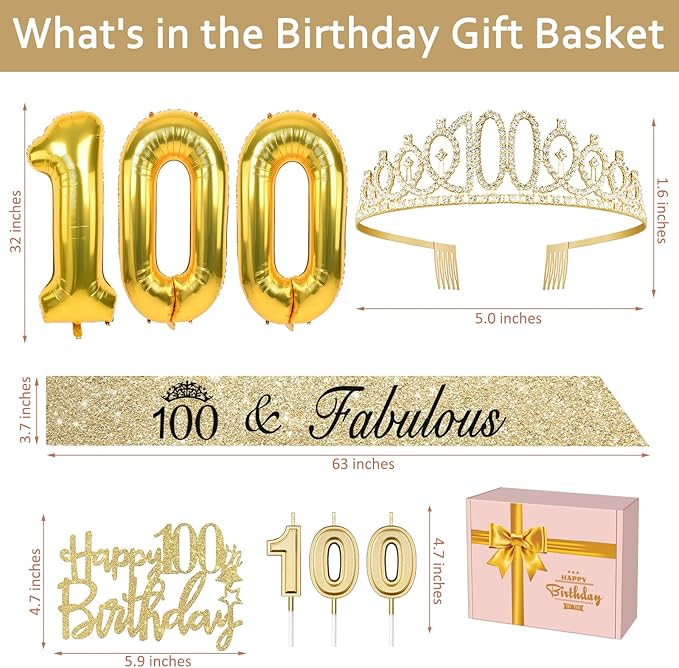 100th Birthday Decorations Women Gold with Crown and Sash, Candles and Cake Topper, Number Balloons, Happy 100th Birthday Party Gifts Supplior