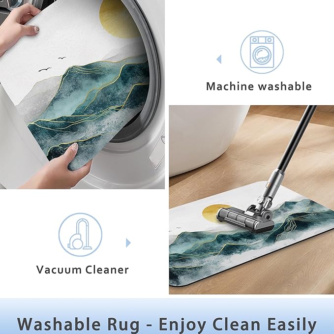 Mountain with Sun Fast Drying Absorbent Bathroom Mat, Non-Slip Rubber Backing Thin Low-Profile Bath Rug, Easy-Clean Bathroom Floor Mat for Shower, Bathtub, Kitchen, or Entryway