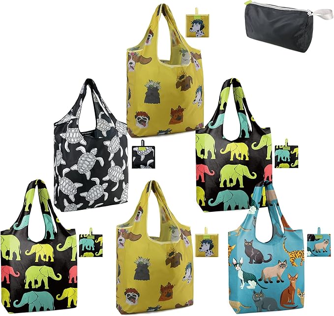 BeeGreen Animals Reusable Grocery Bags Reusable Kitchen Bags Bulk Foldable-Machine Washable with Zipper Storage Pouch 6 Packs