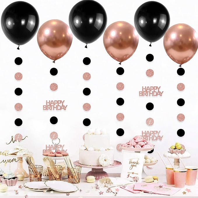 Rose Gold and Black Happy Birthday Decorations, 6PCS Glittery Circle Dots Garland and 6PCS Rose Gold/Black Balloons for Birthday Party Decor Balloon Tails