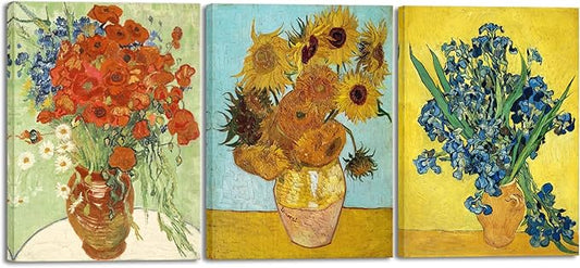Wieco Art Large 3 Panels Canvas Prints of Vincent Van Gogh Paintings Reproduction Red Poppies and Daisies Sunflower Irises in Vase Canvas Wall Art for Living Room Home Office Decor