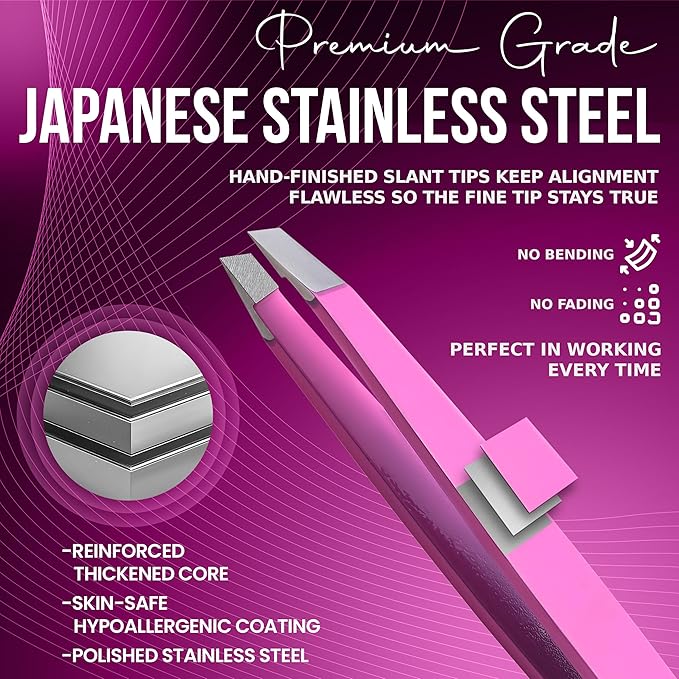 Slanted Stainless Steel Tweezers for Men & Women - Precision Eyebrow Tweezers for Facial Hairs, Strong Grip, Fine Tip, Professional Tweezer for Plucking & Grooming (Pink)