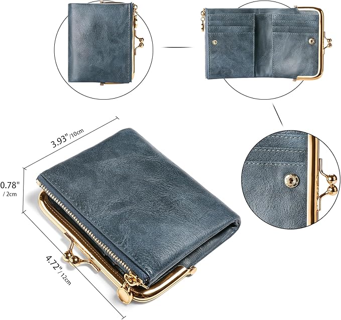 Wallet Women Small RFID Blocking Bifold Leather Wallets for Women Vintage Coin Purse With Zipper and Kiss Lock