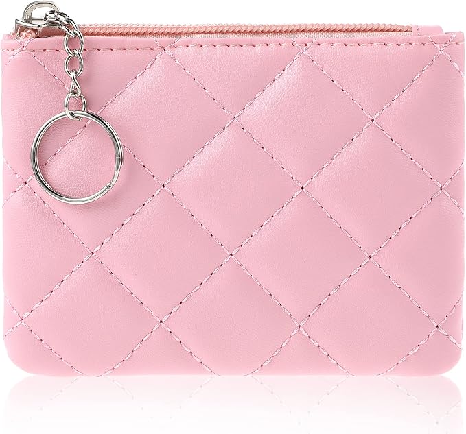Real Leather Coin Purse with Rhombus Embroidery Zipper Keychain Mini Wallet for Women & Men (Pink)