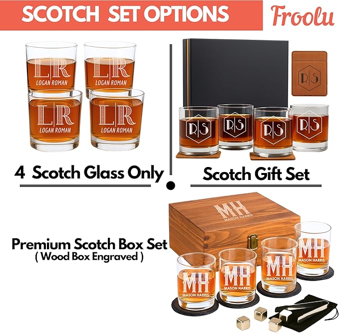 Froolu Personalized Scotch Whiskey Glasses Set - Premium Customizable Monogram Designs