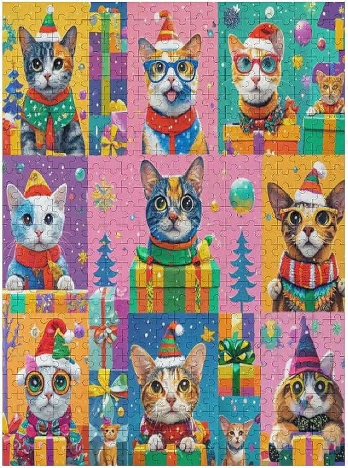 Wooden Puzzle 500 Pieces Adult - Christmas Dog Cat Puzzle Christmas Puzzles, Holiday Puzzles, Family Toys, Party Games, Jigsaw Puzzle Challenge and Funny