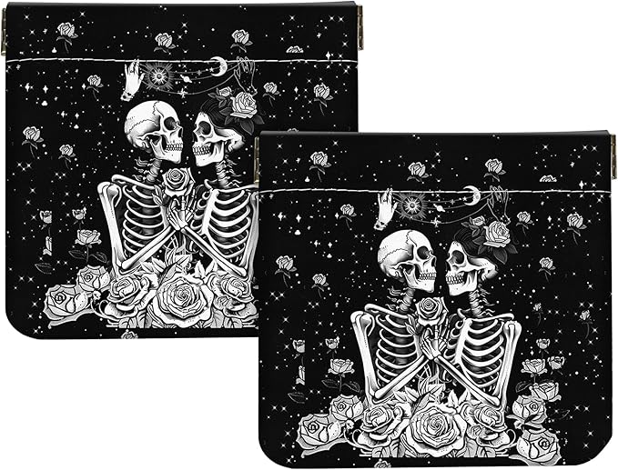 2Pcs PU Leather Small Squeeze Coin Purse Pouch Mini coin Bag Unique And Cute Wallet Cosmetic Bags Change Bag For Women Girls Men （skull 2
