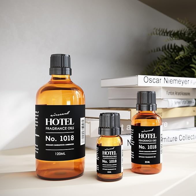 AirScent Hotel Diffuser Oil No. 1018 - Bergamot, Sandalwood Amberwood - Hotel Scent Dupe - Premium Fragrance Oil for Ultrasonic and Waterless Diffusers and Crafting - 120 ml, 4 fl oz Glass Bottle