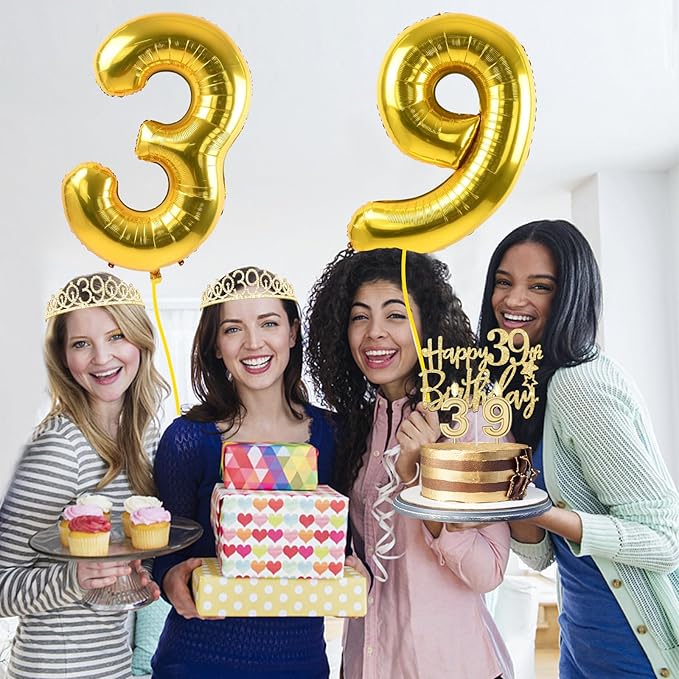 39th Birthday Decorations for Women Gold with 39th Birthday Sash and Tiara,Cake Topper and Candles, Number Balloons, 39 Year Old Gifts for Women