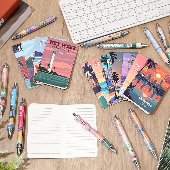 24 Pcs Florida Notebook with Pens Souvenirs Gifts Set, 12 Ballpoint Pens and 12 Notebooks, USA Florida Souvenirs for Traveler Office Supplies Birthday Gifts