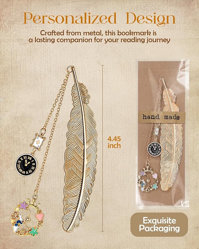 Buleens Bookmarks for Women Reading - Book Marks for Readers Book Lovers, Cute Gold Feather Luxury Fairy Personalized Metal Bookmark with Pendants, Pretty and Aesthetic Book Accessories Reading Gifts