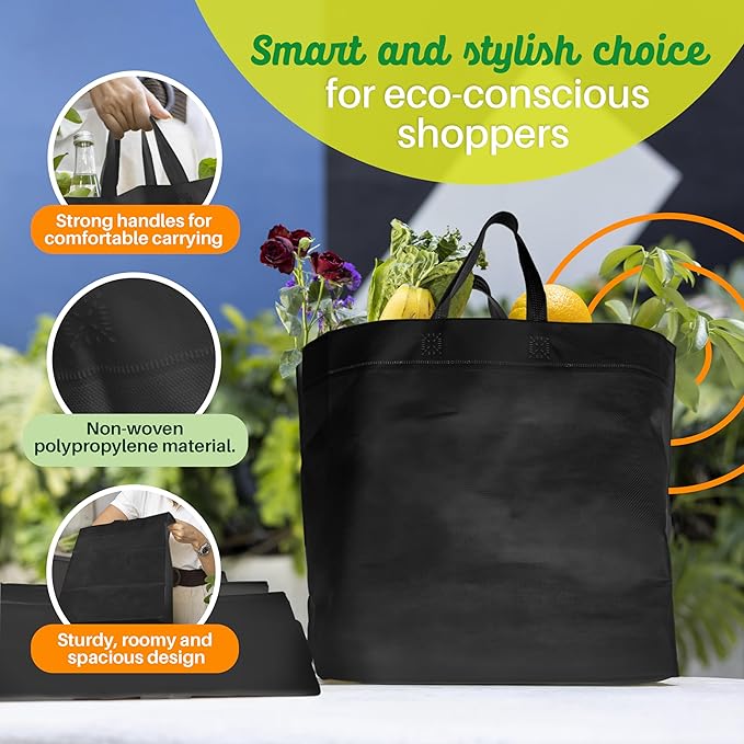 Simply Cool 200 Pack Black Reusable Eco-Friendly Grocery Shopping Bags 12.6"x6.3"x11.8" Durable, Environmentally Friendly Recyclable Shopping Bags Washable, Foldable, Portable Tote Bags Bulk