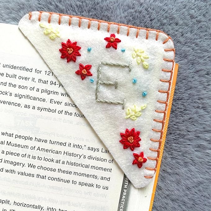 Personalized Hand Embroidered Corner Bookmark, Cute Flower Book Mark, Hand Stitch Gift for Women Book Lovers by HNQCPCVU (E, White)
