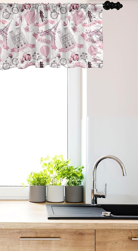 Ambesonne Paris Window Valance Pack of 2, Valentines Day Theme with Eiffel Kissing Couple Hot Air Balloon Wedding Concept, Rod Pocket Curtain Valances for Kitchen Bedroom, 54" X 18", Pink Rose