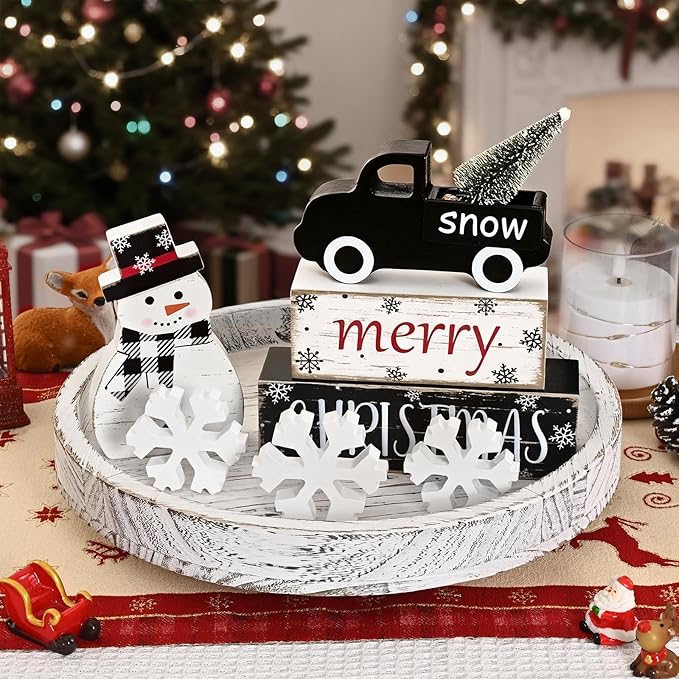 Yinhua Christmas Decorations Indoor, Christmas Table Decor, Black Truck Snowman Decorations with Xmas Tree & Snowflakes, Farmhouse Wooden Block Sign, Xmas Mantel Decor for Tiered Tray, Desk, Bookshelf