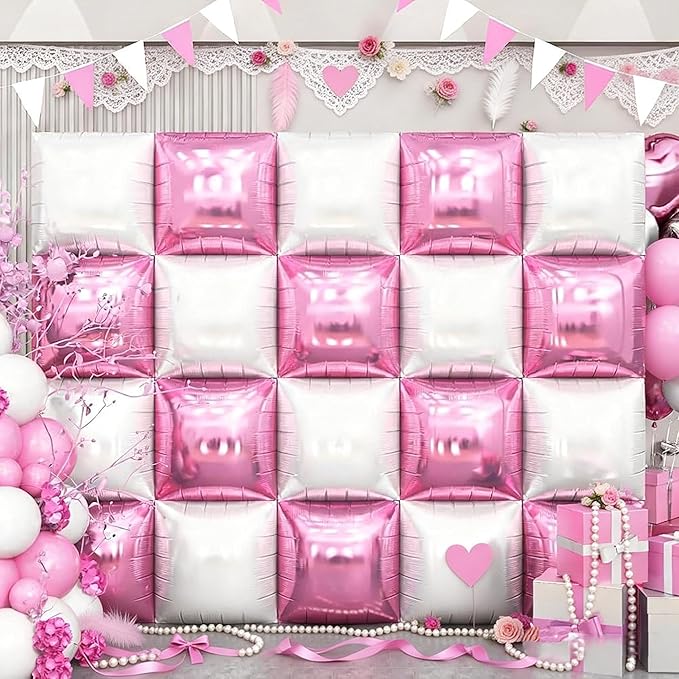 Pink and White Square Balloon, 20 PCS Double Sided Foil Balloons Wall Flat Square Balloon Backdrop for Girls Coquette Birthday Decoration Bridal Baby Shower Party Decoration