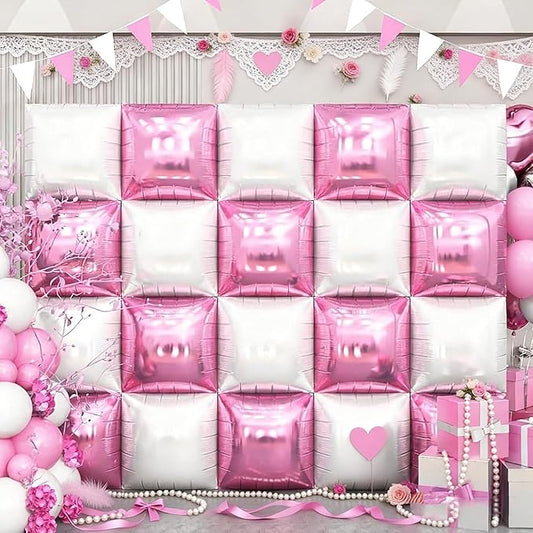 Pink and White Square Balloon, 20 PCS Double Sided Foil Balloons Wall Flat Square Balloon Backdrop for Girls Coquette Birthday Decoration Bridal Baby Shower Party Decoration