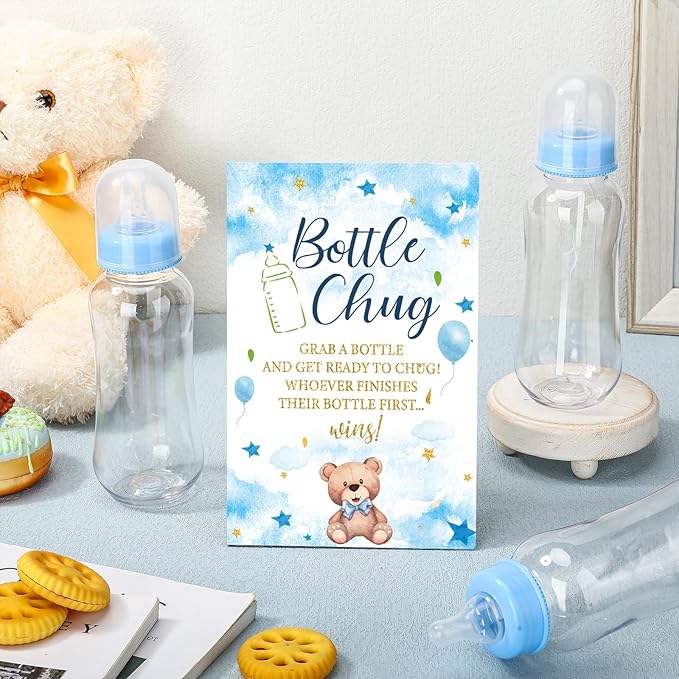 TrelaCo Cool Baby Shower Games Bottle Chug Sign Wooden Blue Bear Theme Gift Sets Gender Reveal Party Favors and 12 Pcs Baby Bottle Shower Favor for Gender Reveal