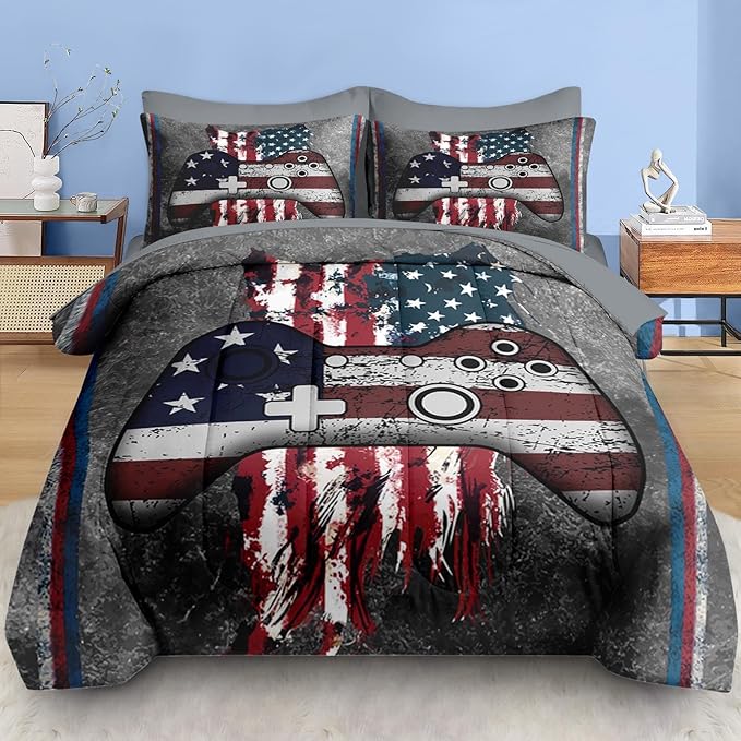 Comforter Set Full Size, American Flag 4Th July 7 Pcs Bedding for Kids and Adults, Funny Gamepad Bed Sheet Sets with Fitted Sheet 2 Pillowcases & 2 Shams for Bedroom Bed Decor