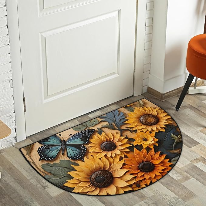Retro Sunflower Half Round Door Mat Butterfly Non Slip Bath Mats Absorbent Front Porch Rugs Shower Mat for Living Room Bedroom Kitchen Bathroom Floor Home Decor