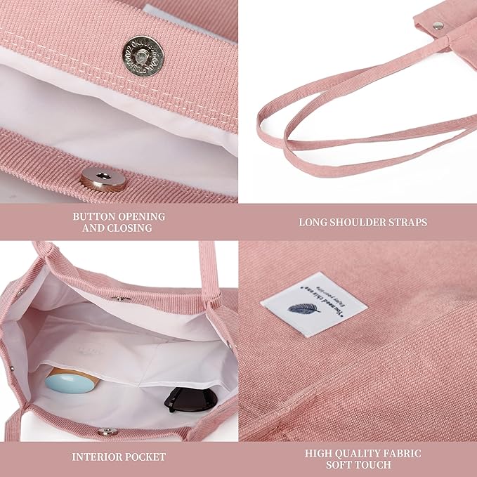 Corduroy Tote Bag Cute Tote Bags for Women Shoulder Bag with Inner Pocket for Work Beach Travel and Shopping Grocery