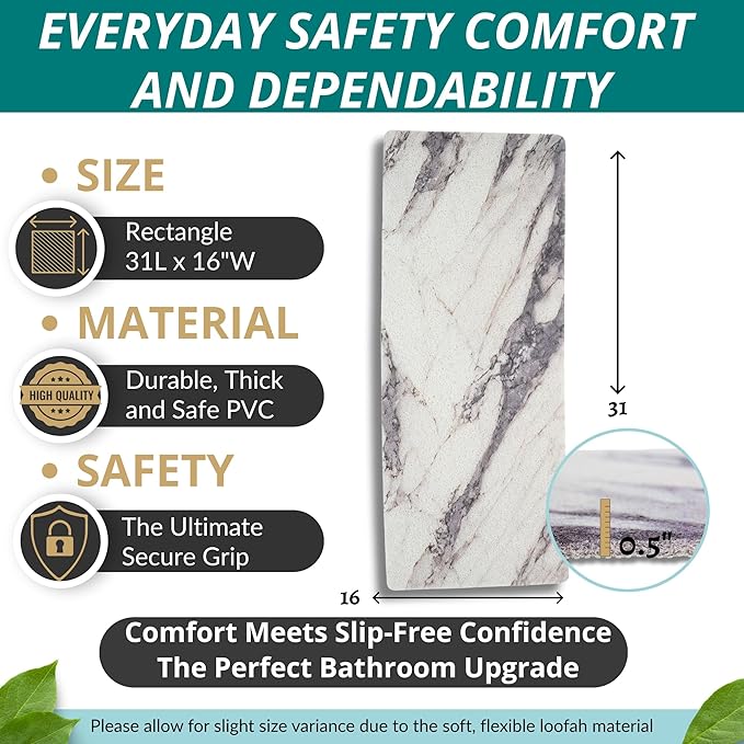 Non Slip Bathtub Mat Shower Mat for Tub - Loofah Bath Mats for Bathroom - 31x16 Bathtub Floor Mat - Textured Anti Slip Bath Mat Without Suction Cups - Secure Mat for Wet Areas (31x16 Marble Gray)