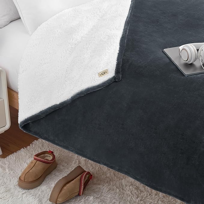 UGG Nita Twin XL/Twin Blanket Soft Fleece Blanket for Bed, Warm Fluffy Bedding, Oversized Throw for Couch, Machine Washable, 60-inch x 90-inch, Charcoal Grey