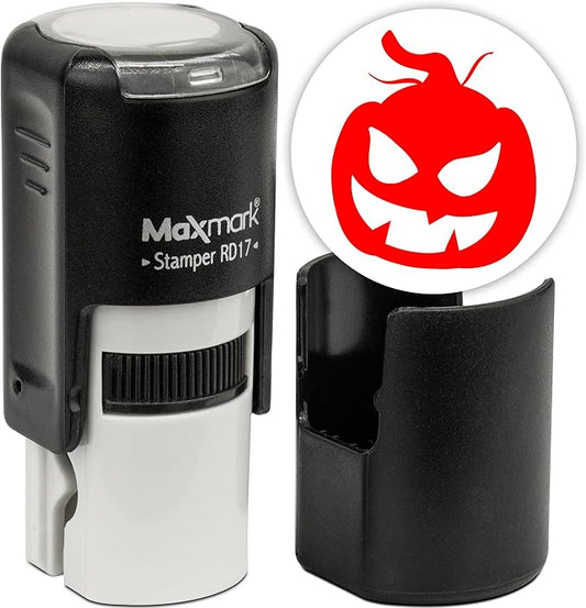 MaxMark Round Self Inking Halloween Stamp - Pumpkin - Red Ink