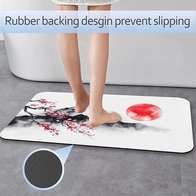Japan Fuji Mountain Bath Mat 29.5"x17", Cherry Slim Low-Profile Fast Drying Super Absorbent Bathroom Rug with Non-Slip Backing, Easy-Clean Modern Floor Mat for Tub, Shower, or Entryway
