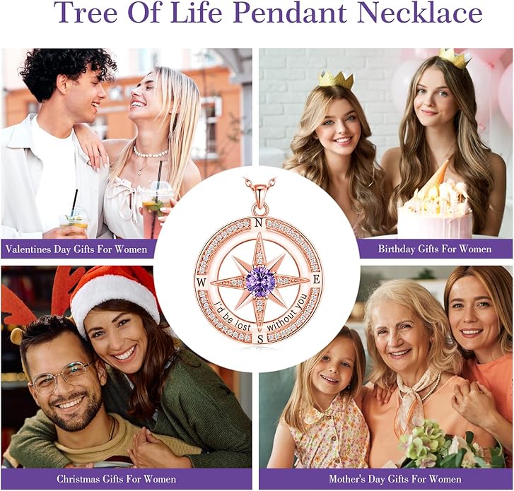S925 Necklace Birthstone Compass Gift for Women Jewelry Sterling Silver Necklace for Wife Wedding Anniversary Girlfriend Birthday Gifts for Her Valentines Day Mom Mothers Day