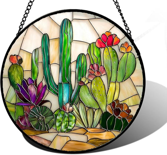 Stained Glass Window Hanging, White Green Cactus Suncatcher Diamond Glass Panel Hangings Sun Catchers Decor for Birthday for Women, Men, Wife, Aunt, and Mom 6.3 in