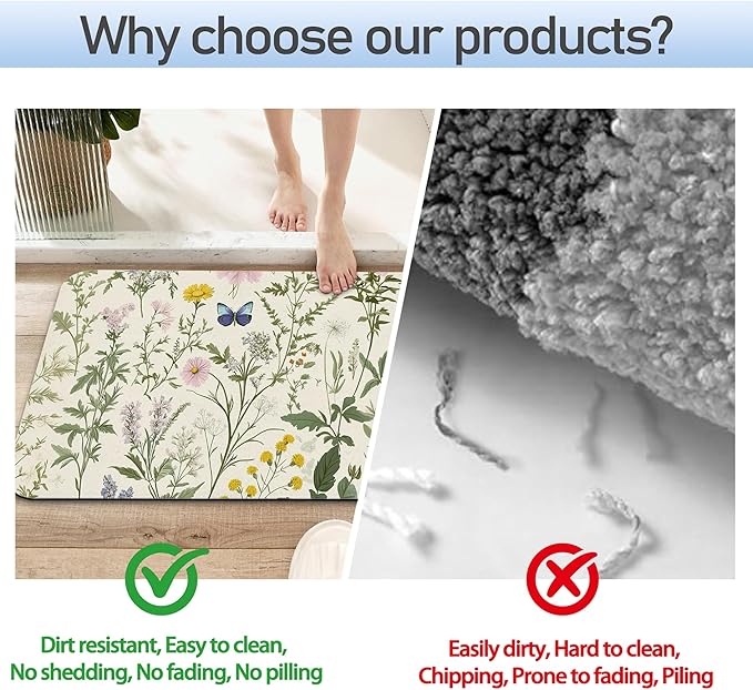 Vintage Floral Bath Mat 29.5"x17", Herbs Wild Flowers Slim Low-Profile Fast Drying Super Absorbent Bathroom Rug with Non-Slip Backing, Easy-Clean Modern Floor Mat for Tub, Shower, or Entryway