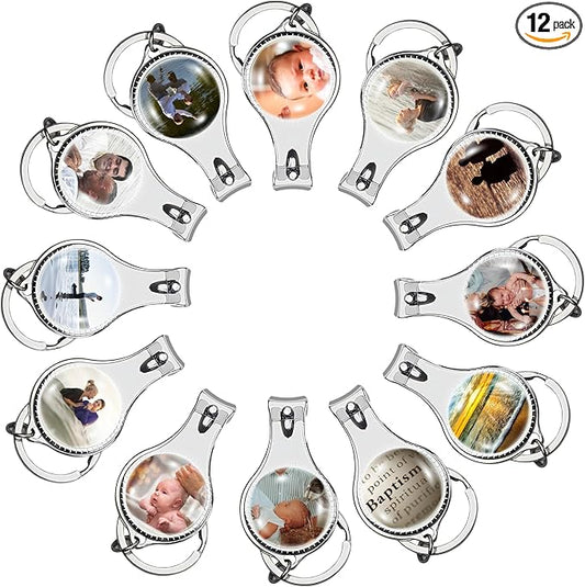 12 PCS Personalized Customizable Color Pictures Baptism Keychains - Custom Nail Clipper and Bottle Opener Key Rings with Organza Gift Bags