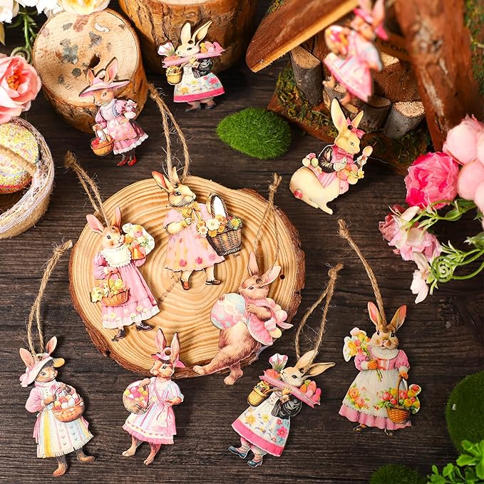 Yookeer 36 Pcs Easter Wooden Ornaments Vintage Bunny Egg Hanging Decorations Pink Rabbit Flower Wood Cutouts Farmhouse Spring Ornaments with Rope for Tree Home Party Decor