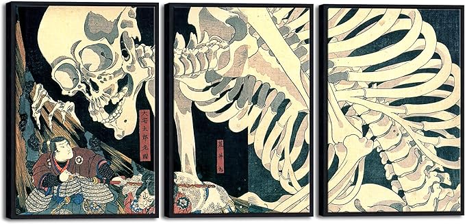 Wieco Art Black Framed 3 Piece Witch and Skeleton Ukiyo-E by Utagawa Takiyasha Historic Cultural Illustrations for Living Room Bedroom Home Decorations Artwork