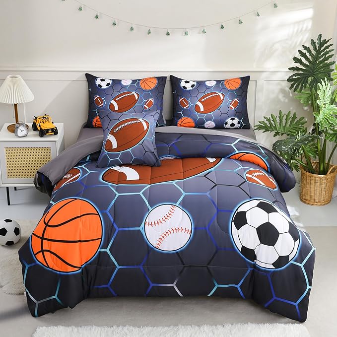 6 Pcs Bed in A Bag Full Size Comforter Sets for Boys,Sports Bedding Sets,Baseball Soccer Basketball Football Comforter Sets with Sheets for Kids Teens