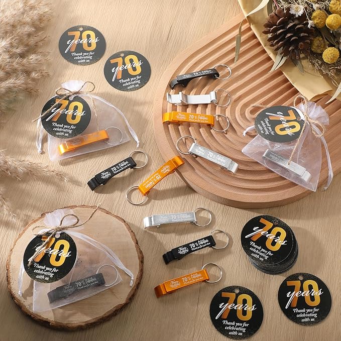 Dandat 54 Sets 70th Birthday Party Favors for Guests Birthday Beer Opener Keychain Cheers to 70 Bottle Opener Keychain with Thank You Cards and Gift Bags for Anniversary Wedding Party Favors