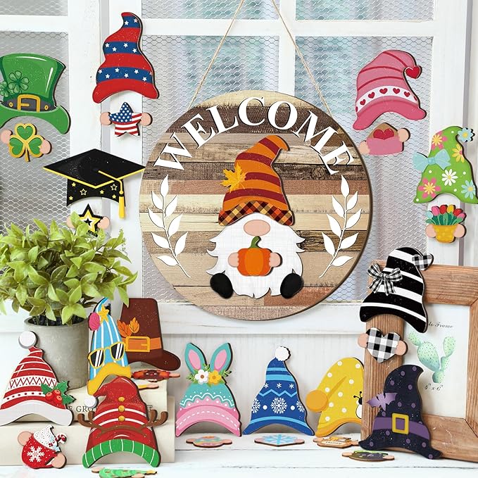 Qunclay Interchangeable Wooden Gnome Decor Holiday Seasonal Gnome Decorations with Magnet Pieces and Detachable Hats Changeable Welcome Sign for Home (Farmouse)