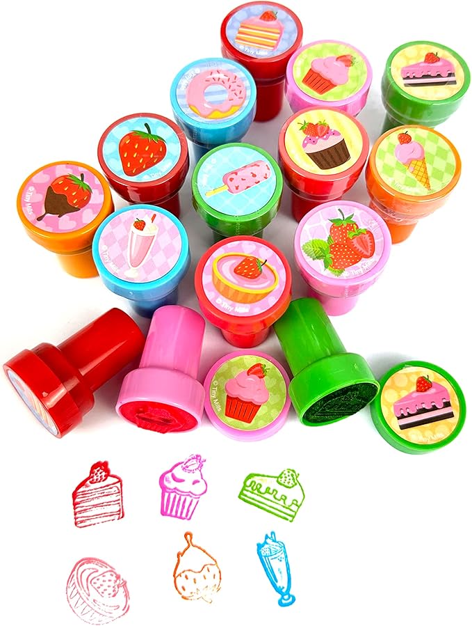 TINYMILLS Assorted Themed Stamps - 24 Pcs, 12 Different Strawberry Designs for Kids Party Favors & Goody Bag Fillers