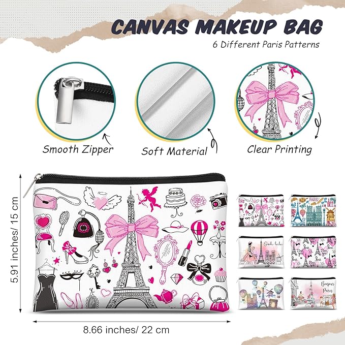 Reginary 6 Pcs City Cosmetic Bag Souvenir Gifts New York Zipper Pouch Chicago Souvenir Seattle Boston Nashville London Paris Italy Alaska Gifts Memento for Women Traveler(Paris)