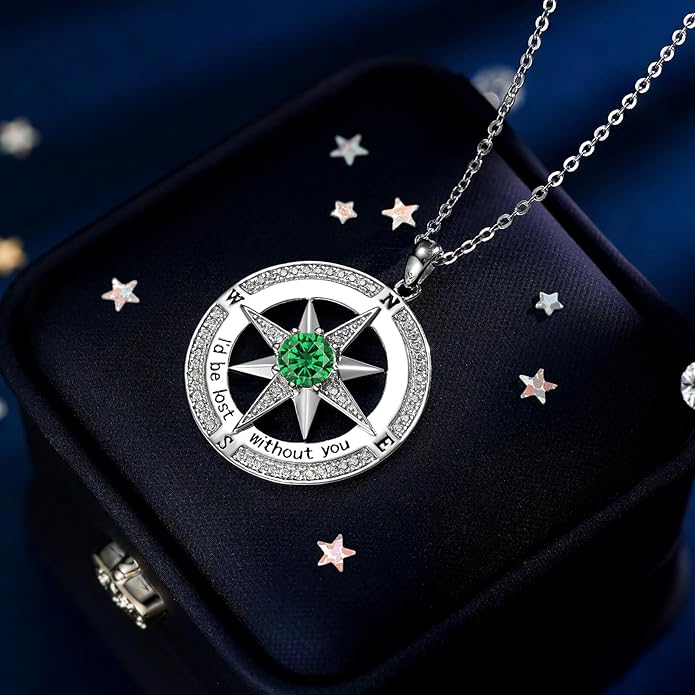 S925 Necklace Birthstone Compass Gift for Women Jewelry Sterling Silver Necklace for Wife Wedding Anniversary Girlfriend Birthday Gifts for Her Valentines Day Mom Mothers Day