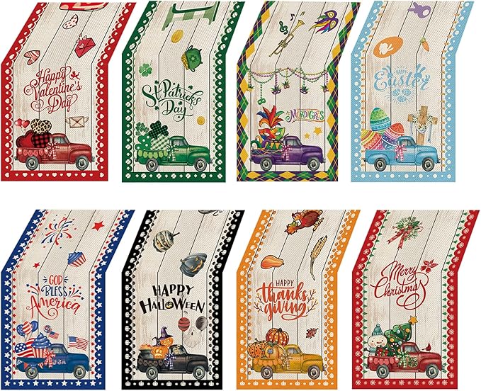 8 Pcs Truck Holiday Table Runner 72 Inches Long, Plaid Valentines Day St Patricks Day Mardi Gras Easter 4th of July Halloween Thanksgiving Day Christmas Burlap Table Decor for Home Party