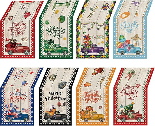 8 Pcs Truck Holiday Table Runner 72 Inches Long, Plaid Valentines Day St Patricks Day Mardi Gras Easter 4th of July Halloween Thanksgiving Day Christmas Burlap Table Decor for Home Party