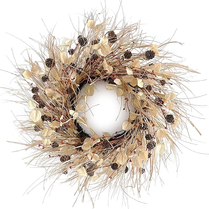 Fall Wreath for Front Door 24 Inch Fall Door Wreaths, Large Autumn Wreath with Berry Pinecones and Raffia, Grapevine Decor for Door Wall Window Home and Halloween Christmas Thanksgiving Decoration