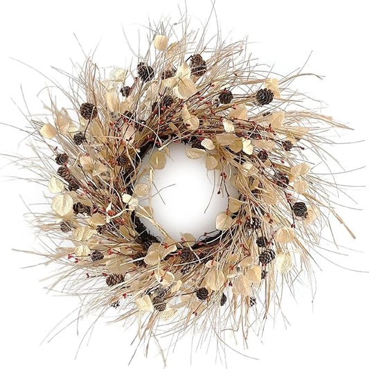 Fall Wreath for Front Door 24 Inch Fall Door Wreaths, Large Autumn Wreath with Berry Pinecones and Raffia, Grapevine Decor for Door Wall Window Home and Halloween Christmas Thanksgiving Decoration