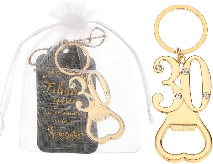 24 pcs 30th Gold Keychain Bottle Opener 30 Birthday Party Favors for Guests,30th Beer Bottle Opener Favors Bulk for Birthday Anniversary Souvenirs Party Decor Supplies (Gold 30th)