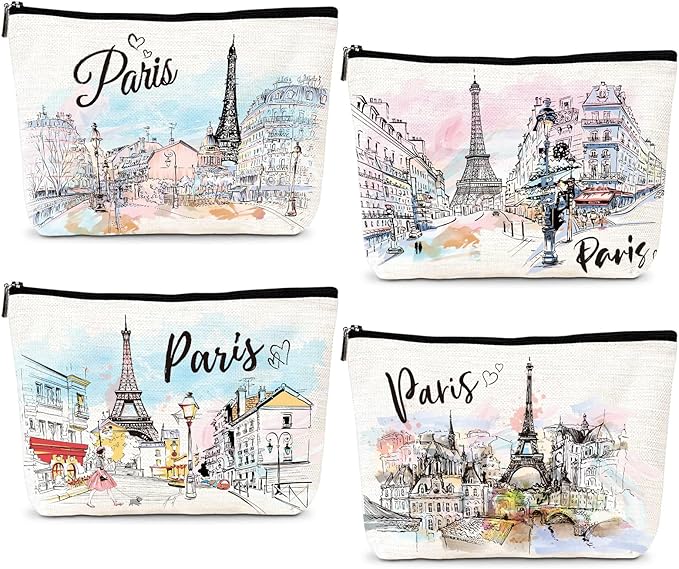 Paris Gifts Travel Essentials - 4Pcs Eiffel Tower Makeup Bag, France Paris City Watercolor Cosmetic Bags with Zipper Pouch, Weekend Vacation Trip Gifts for Travellers Women Girls
