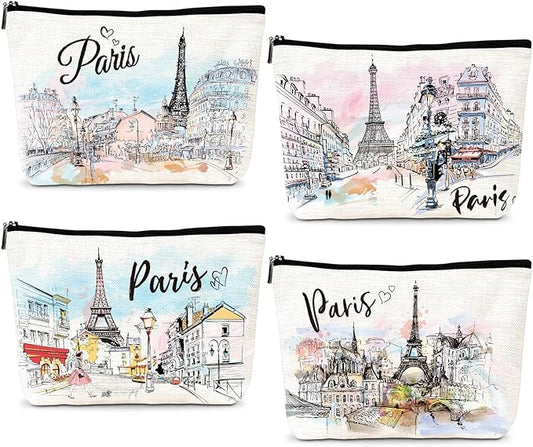Paris Gifts Travel Essentials - 4Pcs Eiffel Tower Makeup Bag, France Paris City Watercolor Cosmetic Bags with Zipper Pouch, Weekend Vacation Trip Gifts for Travellers Women Girls