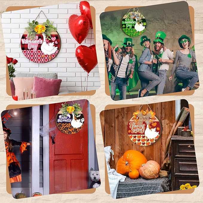 Vicenpal 22 Pcs Interchangeable Welcome Sign for Front Door with 17 Magnetic Icon Wooden Seasonal Front Porch Door Decor with 4 Seasonal Wreath for Holiday Halloween Christmas Gift (Light Brown,Goose)